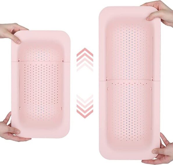 BLUE GINKGO Over the Sink Colander Strainer Basket – Extendable – New Home Kitchen Essentials (7.9 W x 14.5-19.5 L x 2.75 H) (Pink)