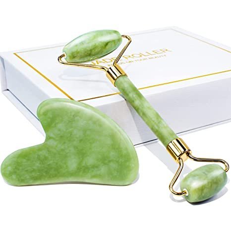 BAIMEI Jade Roller & Gua Sha Set Face Roller for Skin Care Routine and Puffiness-Green