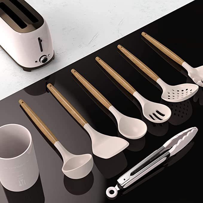 14 Pcs Silicone Cooking Utensils Kitchen Utensil Set – 446°F Heat Resistant (BPA Free Khaki)