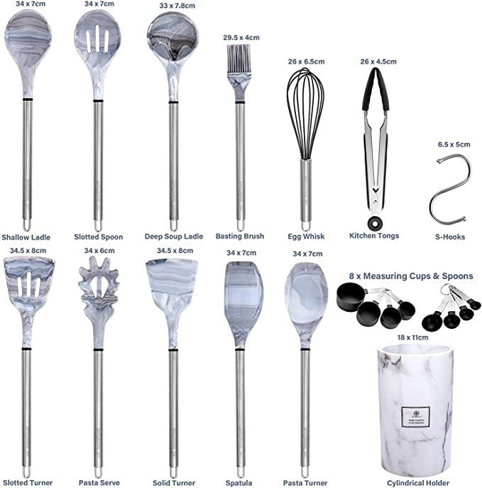 BeeNatural Kitchen Utensil Set, 32 Piece Marble Grey Kitchen Gadget