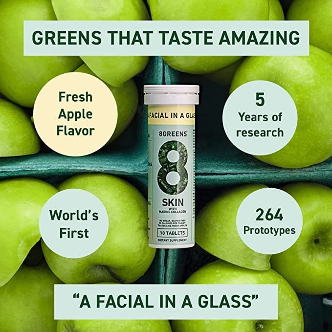 8Greens Skin + Marine Collagen for Beautiful Skin – Dietary Supplement – 8 Essential Healthy Real Greens in One (10 Tablets)