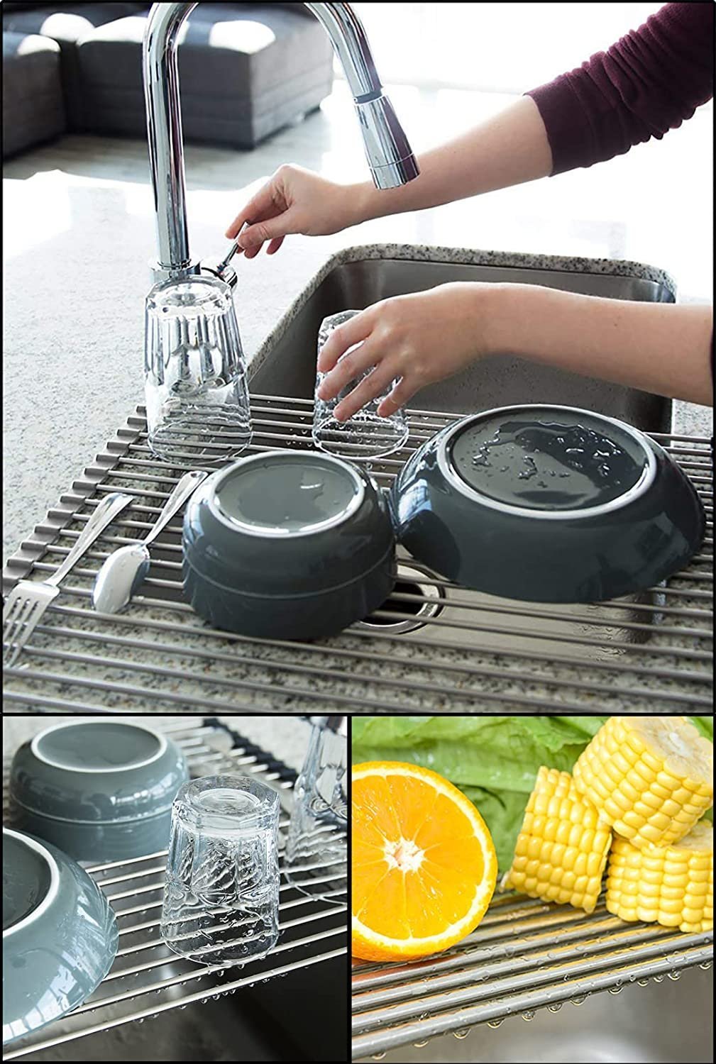 Attom Tech Home Roll Up Dish Racks Multipurpose Foldable Stainless Steel, 17.7″ x 15.5″ Large