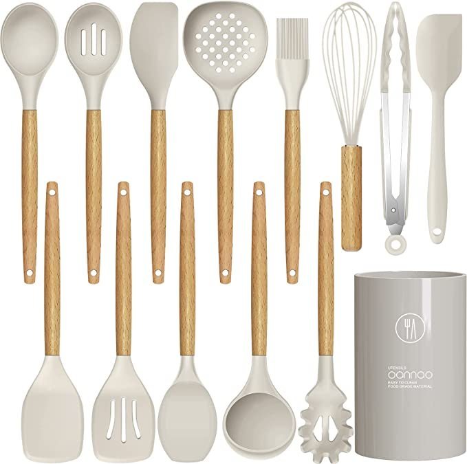 14 Pcs Silicone Cooking Utensils Kitchen Utensil Set – 446°F Heat Resistant (BPA Free Khaki)