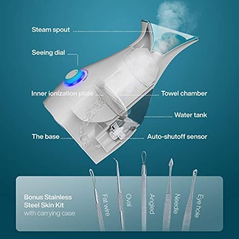 3-in-1 Large Nano Ionic Facial Steamer with Precise Temp Control – Humidifier – Unclogs Pores – Blackheads – Spa Quality – Bonus 5 Piece Stainless Steel Skin Kit