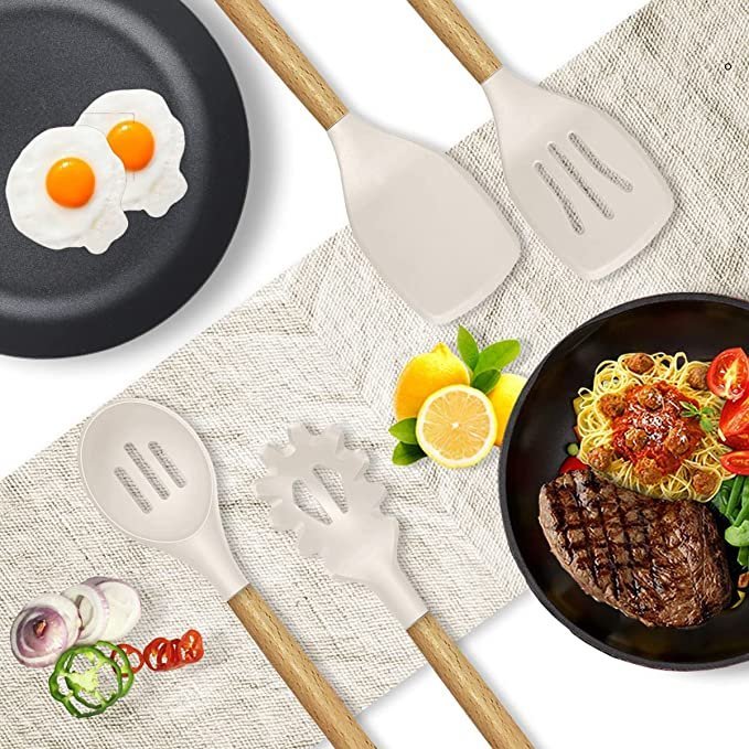 14 Pcs Silicone Cooking Utensils Kitchen Utensil Set – 446°F Heat Resistant (BPA Free Khaki)