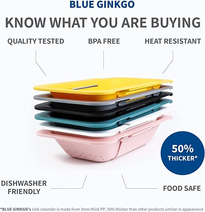 BLUE GINKGO Over the Sink Colander Strainer Basket – Extendable – New Home Kitchen Essentials (7.9 W x 14.5-19.5 L x 2.75 H) (Pink)