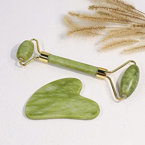 BAIMEI Jade Roller & Gua Sha Set Face Roller for Skin Care Routine and Puffiness-Green