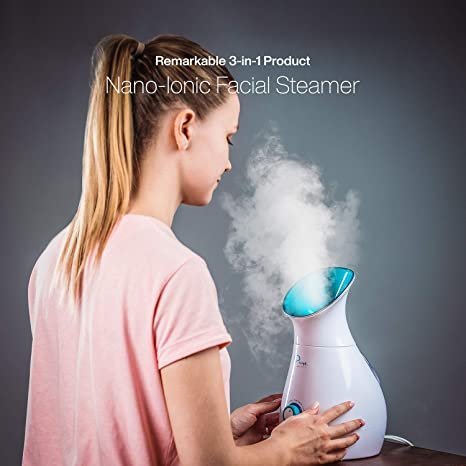 3-in-1 Large Nano Ionic Facial Steamer with Precise Temp Control – Humidifier – Unclogs Pores – Blackheads – Spa Quality – Bonus 5 Piece Stainless Steel Skin Kit