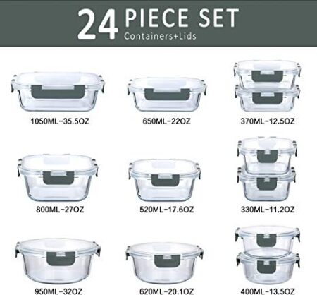 24-Piece Glass Food Storage Containers with Upgraded Snap Locking Lids, Glass Meal Prep Containers Set