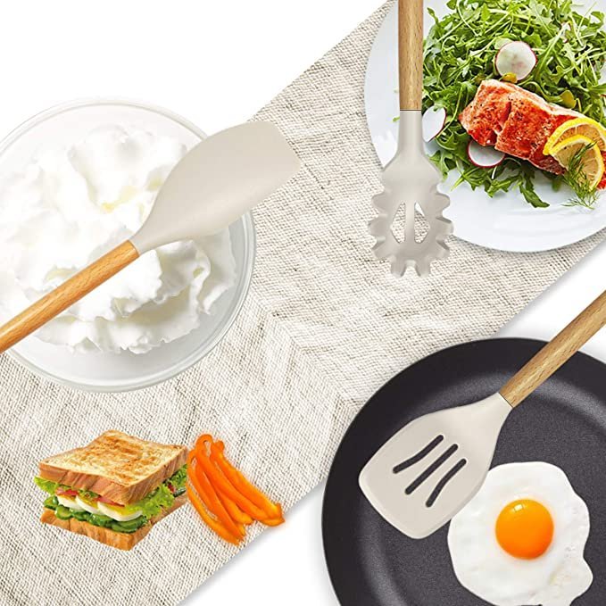 14 Pcs Silicone Cooking Utensils Kitchen Utensil Set – 446°F Heat Resistant (BPA Free Khaki)