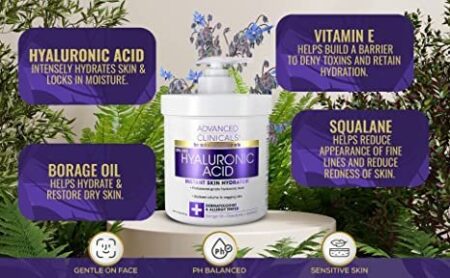 Advanced Clinicals Hyaluronic Acid Cream Moisturizer Skin Care Lotion For Face, Body, & Hands. Large 16 Ounce