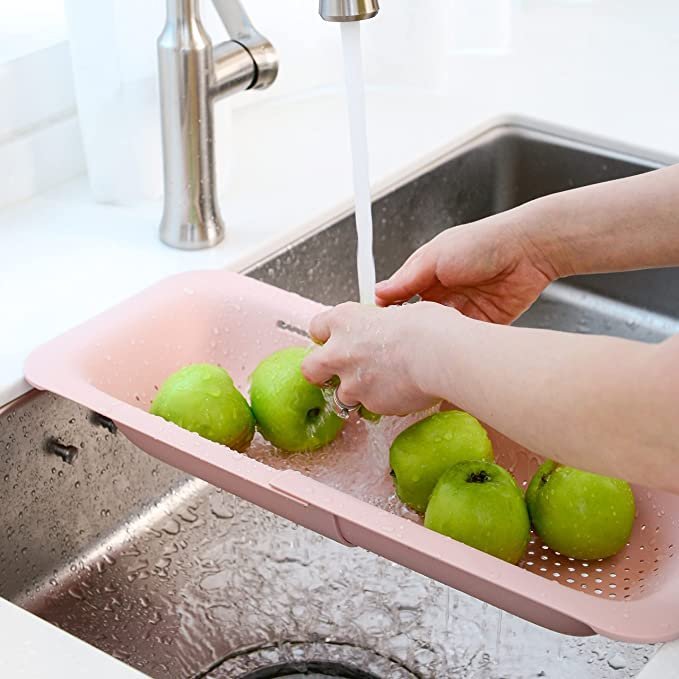 BLUE GINKGO Over the Sink Colander Strainer Basket – Extendable – New Home Kitchen Essentials (7.9 W x 14.5-19.5 L x 2.75 H) (Pink)