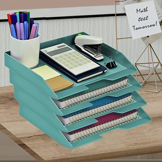 Acrimet Stackable Letter Tray 4 Tier Side Load Plastic Desktop File Organizer (Solid Green Color)